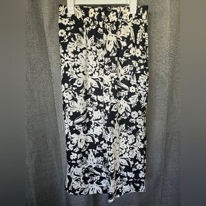 Christian Siriano Wide Leg Linen Elastic Waist Pants Black/White Floral Size M